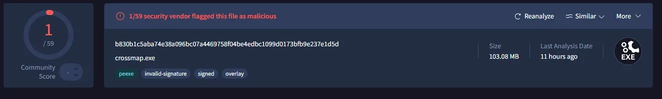 Screenshot showing the 1 of 59 VirusTotal result